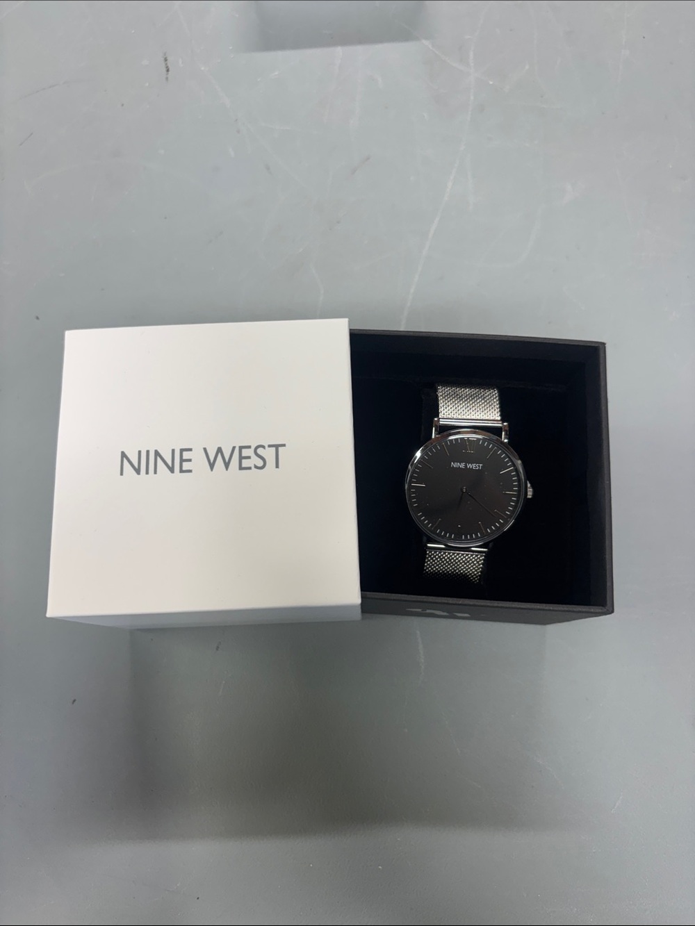 Nine West Silver Mesh Watch with Black Dial